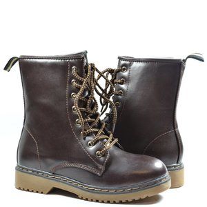 Women Fashion martin combat Boots Lace UP Low Mid Calf Cool Stylish Shoes Brown